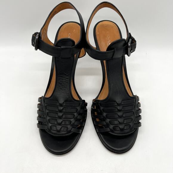 COACH Izzy Woven Leather Heel Sandal T Strap Womens 8 Black Ankle Strap Classic - Picture 4 of 13